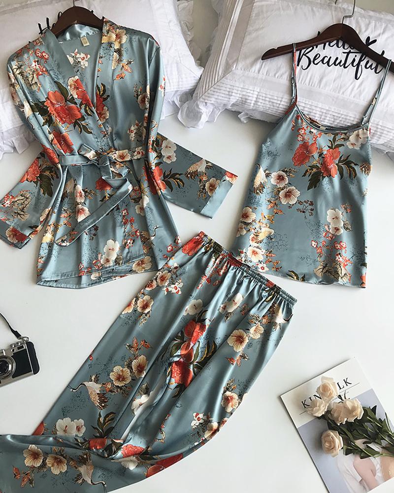 

3PCS Floral Print Satin Robe Set, Light blue
