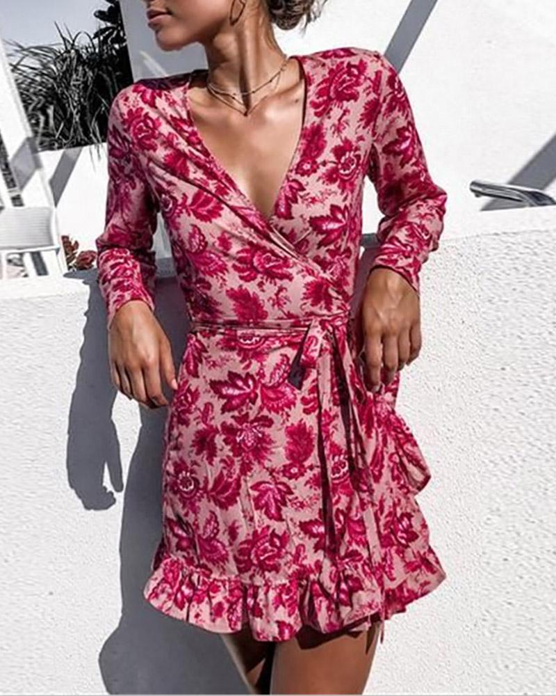

Surplice Neck Long Sleeve Floral Print Ruffles Hem Casual Dress, Hot pink