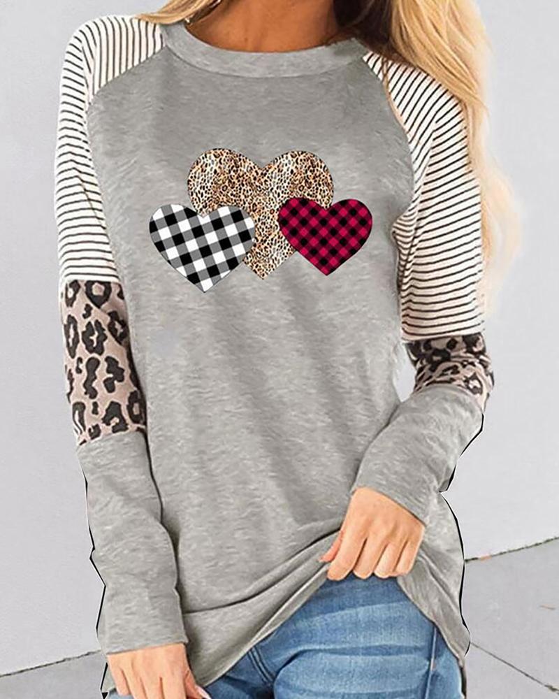

Heart Print Splicing Striped Leopard Long Sleeve Women Blouse, Gray