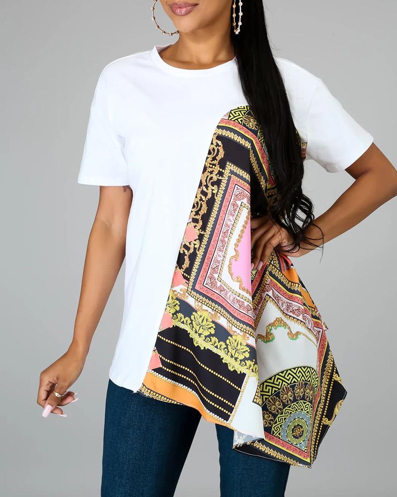 

Print Short Sleeve Irregular Casual T-shirt, White