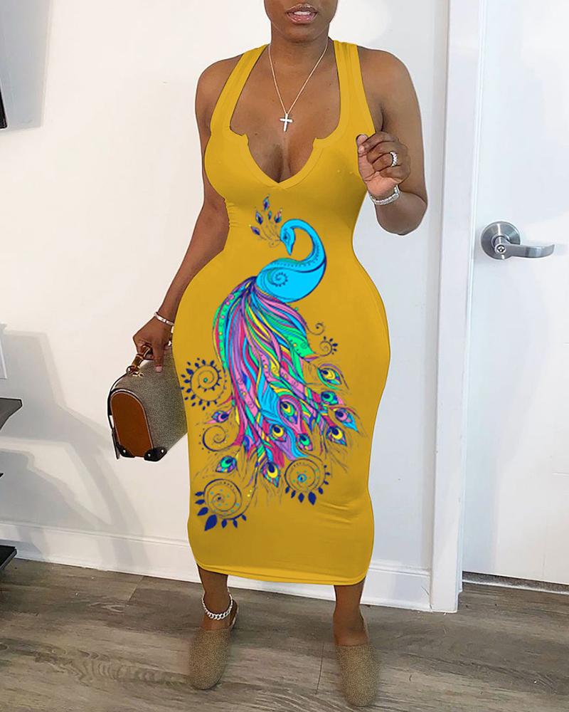 

Peacock Print Plunge Midi Dress, Yellow