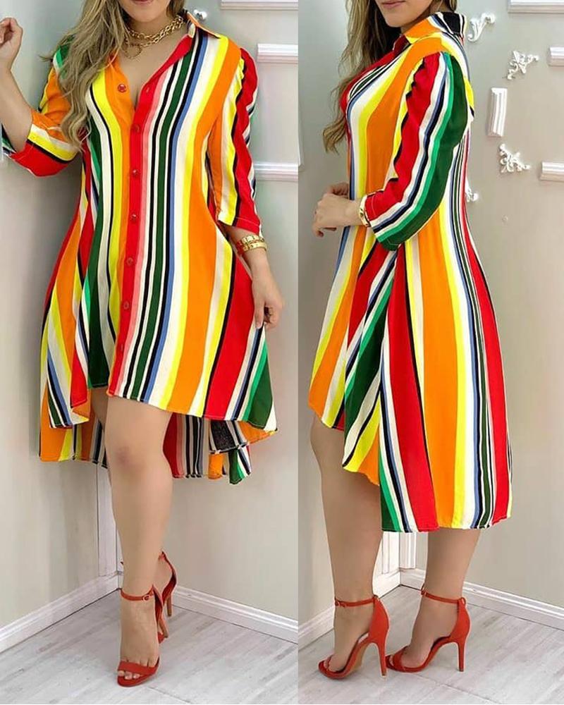 

Striped Coloblock Button Design Shirt Dress, Multicolor