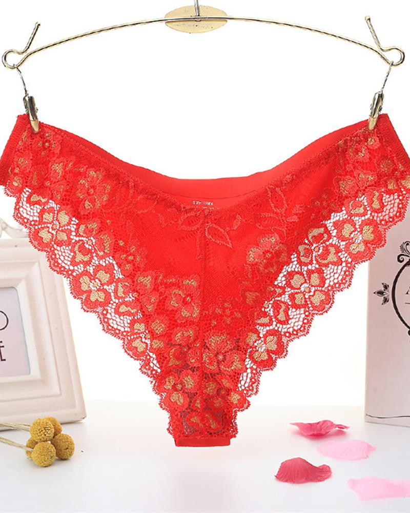 

Crochet Lace Satin Panty, Red