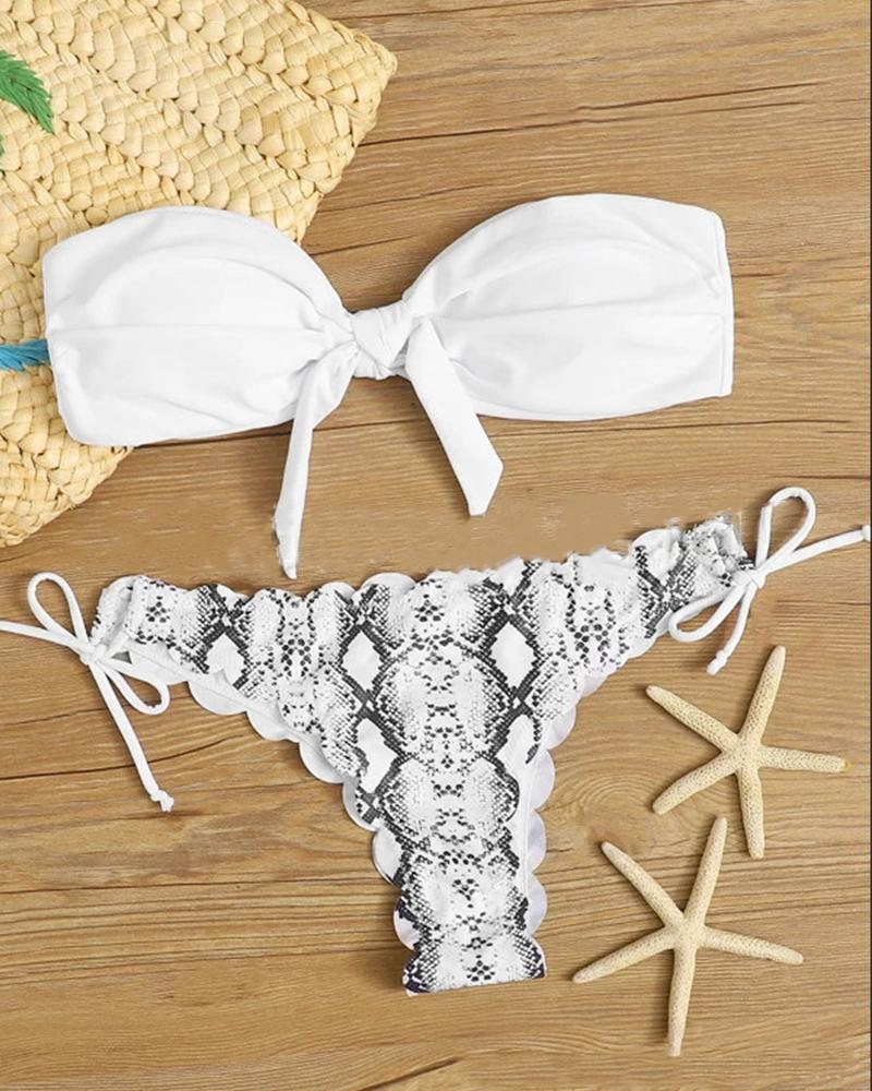 

Color Block Off Shoulder Splicing Bow Tube Top And Panties Bikini Sets, White