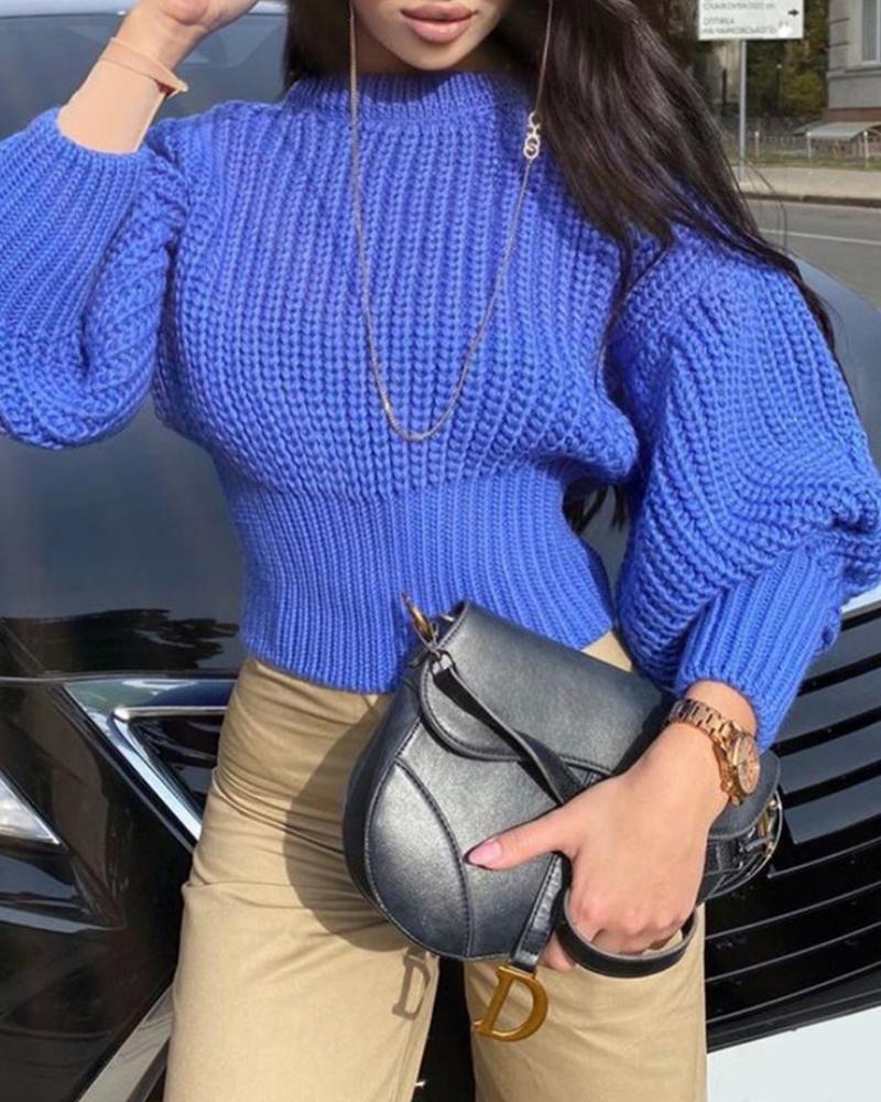 

Lantern Sleeve Knit Casual Sweater, Blue