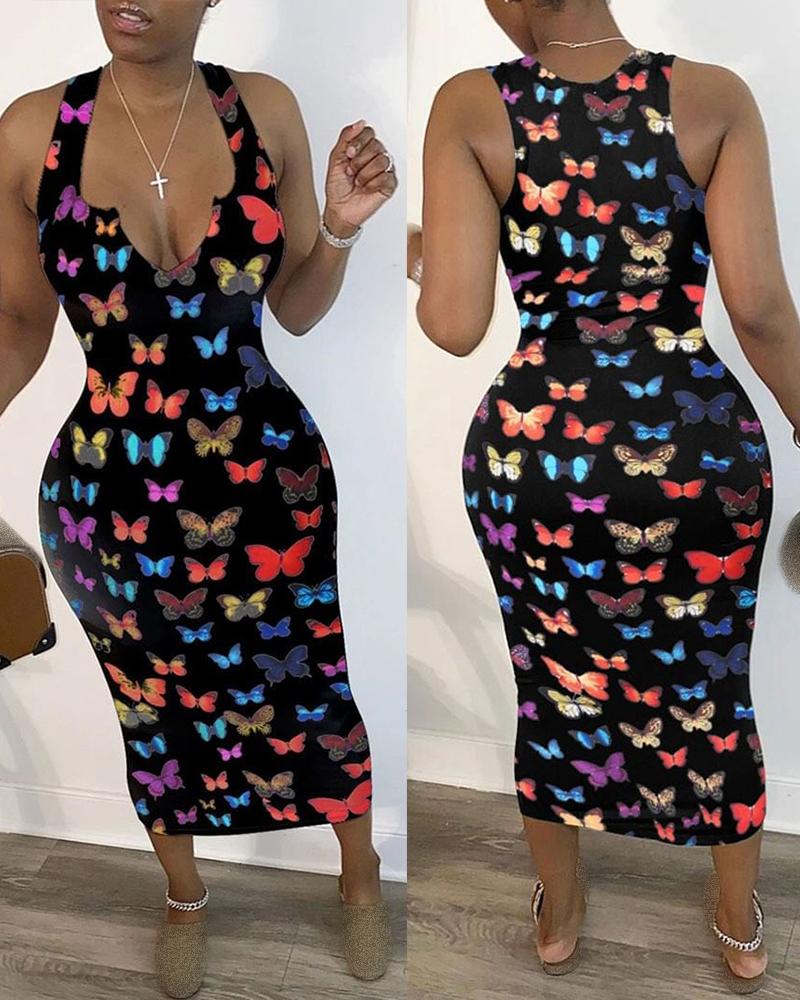 

Butterfly Print Plunge Thick Strap Midi Dress, Black