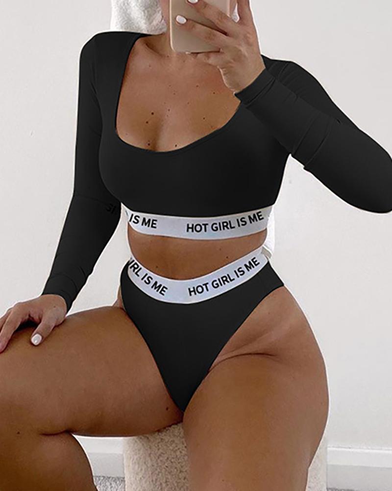 

Letter Tape Long Sleeve Top & Panty Set, Black