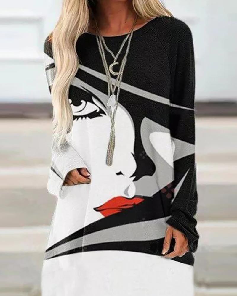

Figure Print Batwing Sleeve Women Top, Black