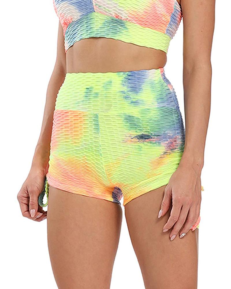 

Tie Dye Print Tummy Control Yoga Shorts Ruched Butt Lifting Textured Shorts, Yellow