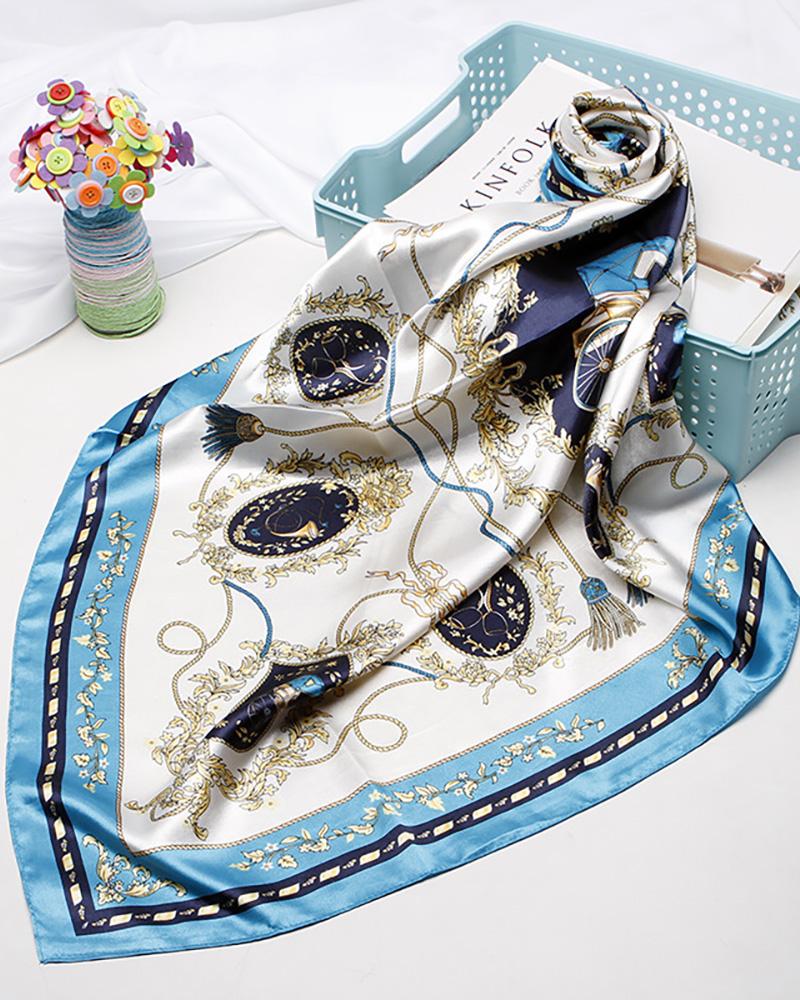 

Tassel Mirror Print Square Silk Scarf, Blue