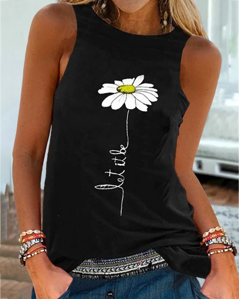 

Daisy Print Round Neck Casual Top, Black