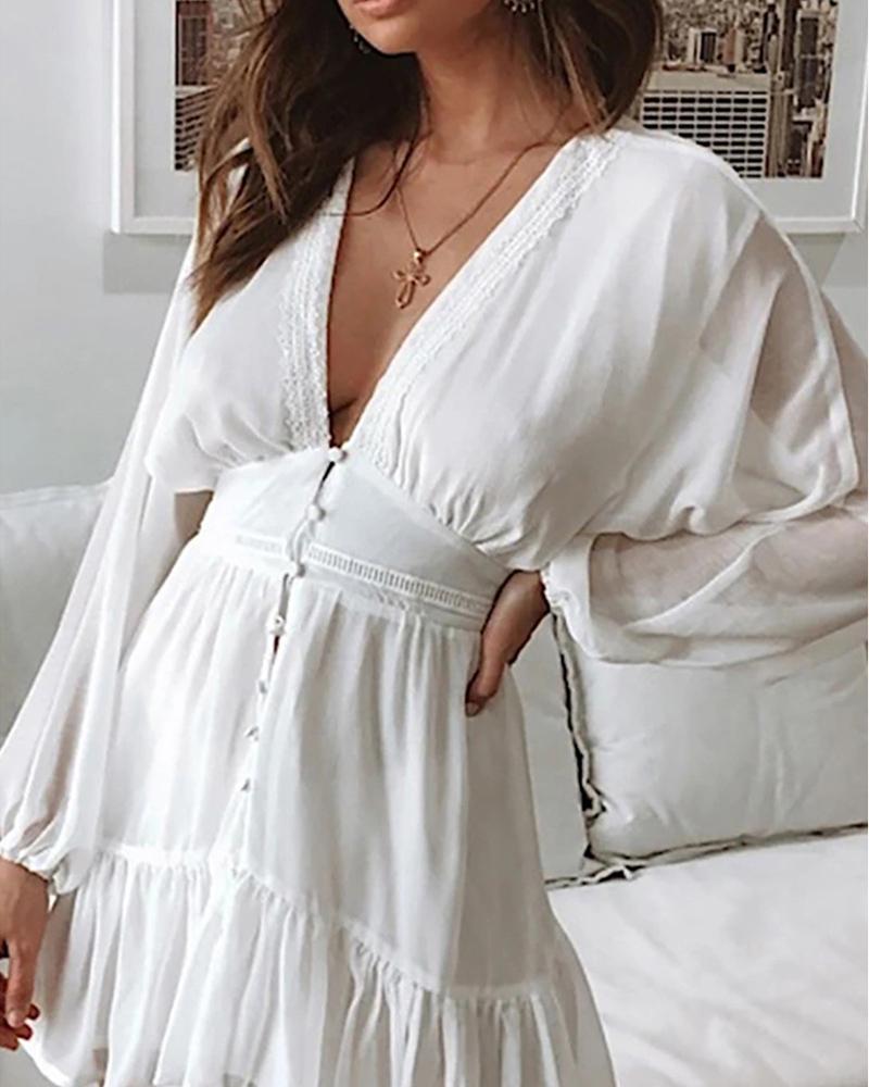 

Solid Lantern Sleeve Ruffles Dress, White