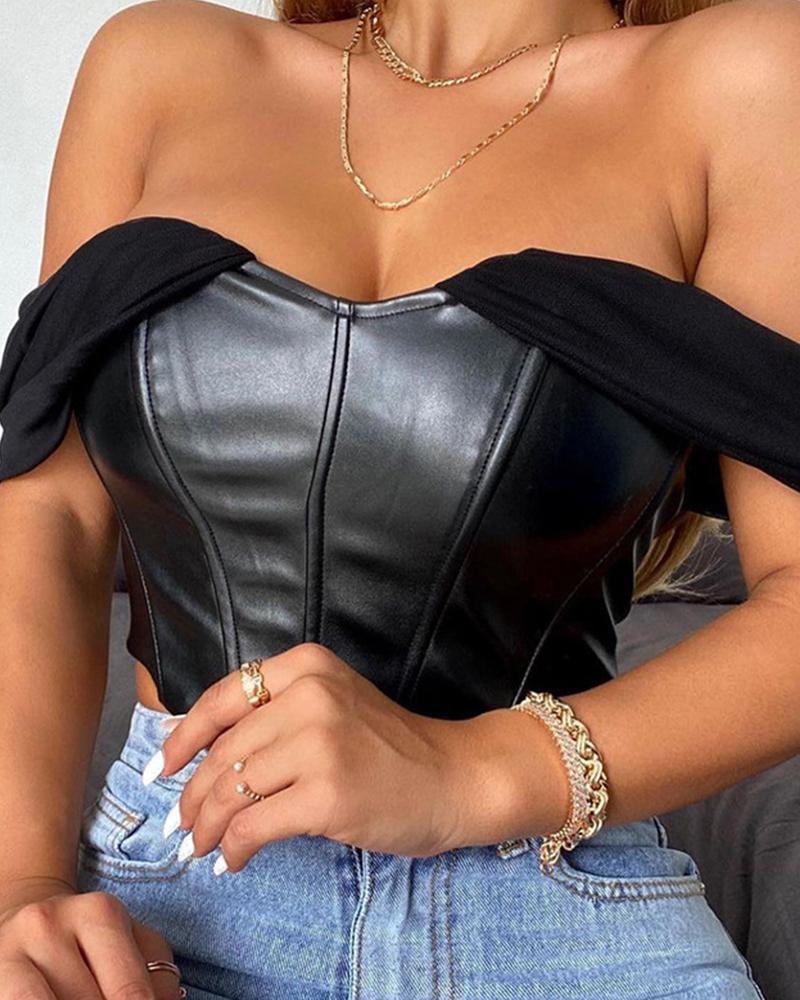 

Solid Color PU Splicing Mesh Sleeve Crop Top, Black