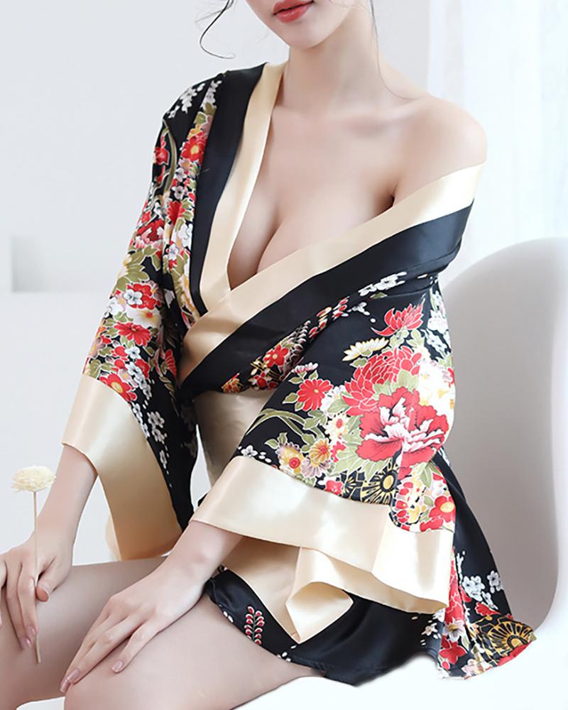 

Floral Print Bowknot Japanese Kimono Nightwear Dress & Panty Set, Black