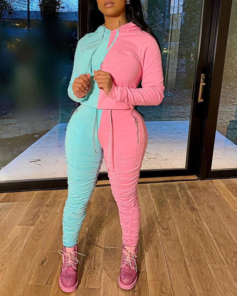 

Colorblock Hooded Top & Ruched Pants Set, Light blue
