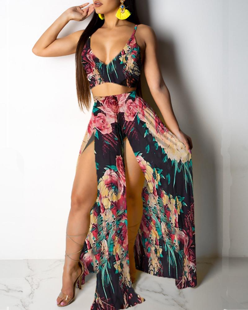 

Tropical Print Cami Top & Thigh Slit Skirt Sets, Black