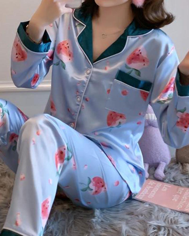 

Cartoon Print Two-Piece Pajama Set, Blue