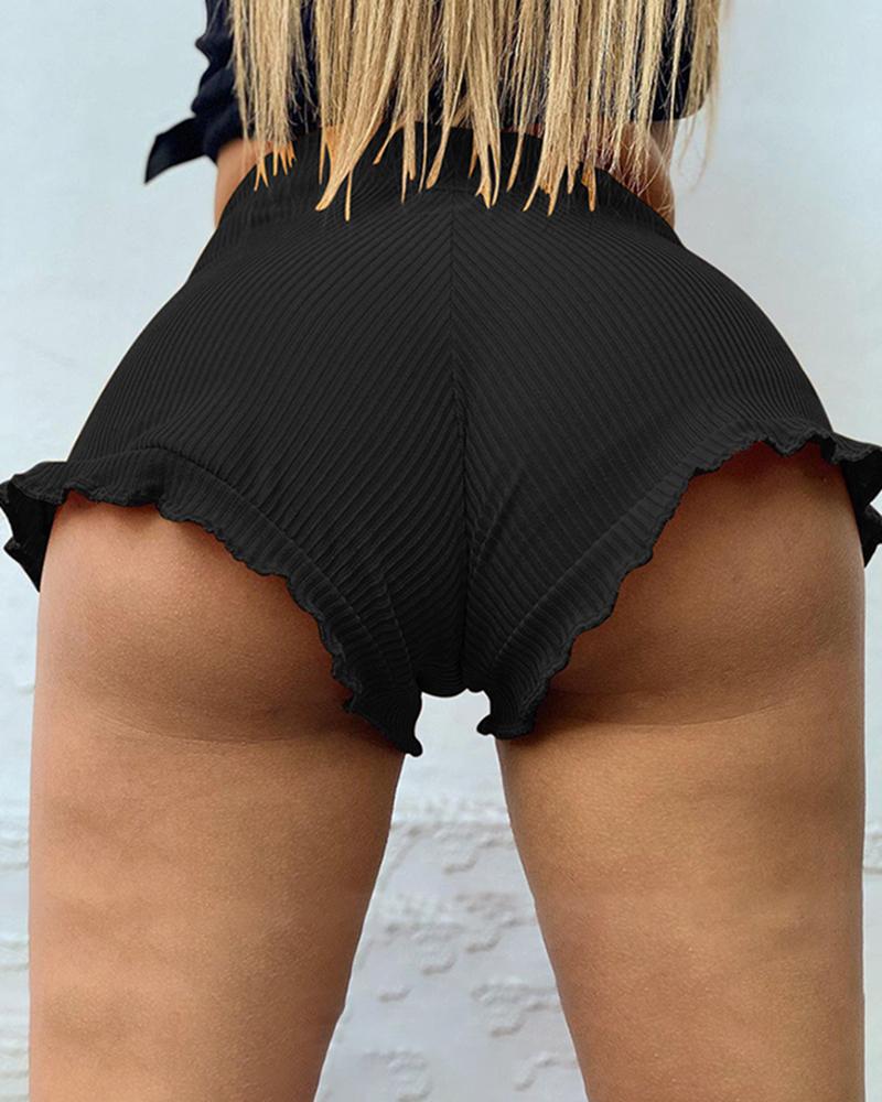 

Plain Frill Hem High Waist Shorts, Black