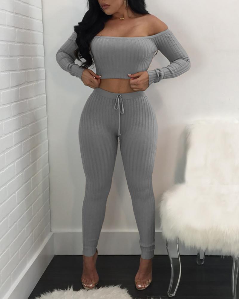 

Off Shoulder Ribbed Crop Top & Drawstring Pants Set, Gray