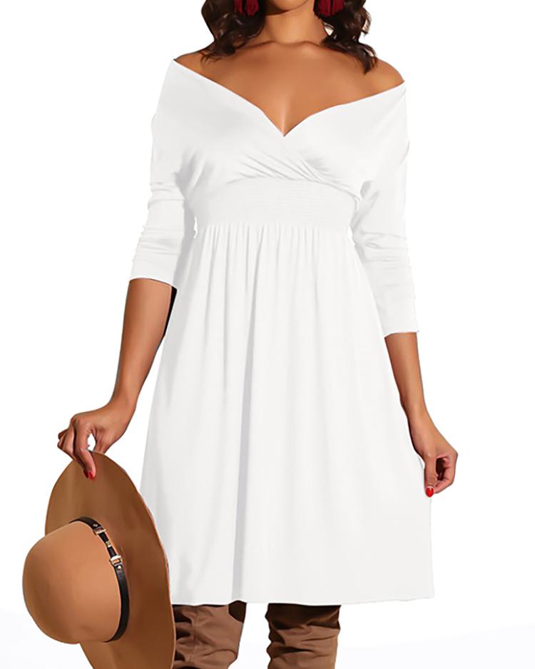 

Off Shoulder Shirred Waist Pleated Dress, White