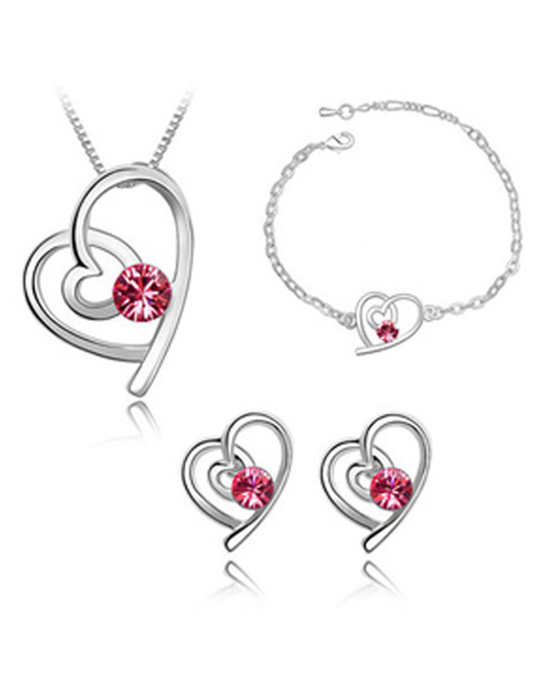 

4PCS Heart Shaped Rhinestone Pendant Necklace & Earrings & Bracelet Set, Red