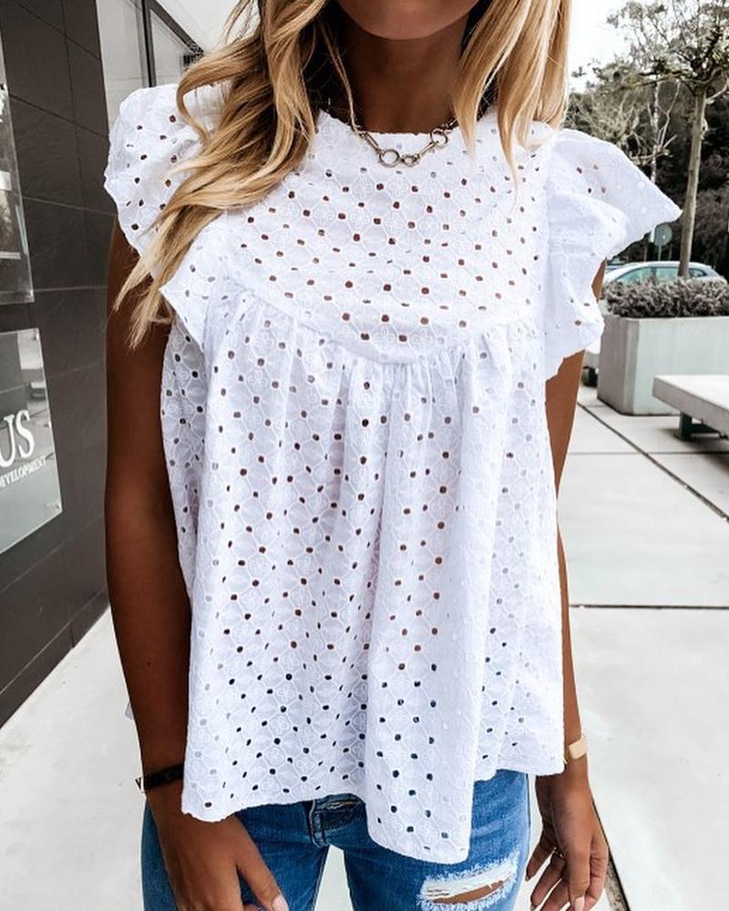 

Hollow Out Flutter Sleeve Blouse, White