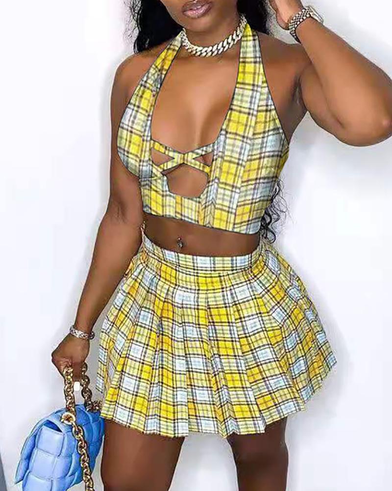 

Plaid Bandage Backless Halter Crop Top & Pleated Skirt Set, Yellow