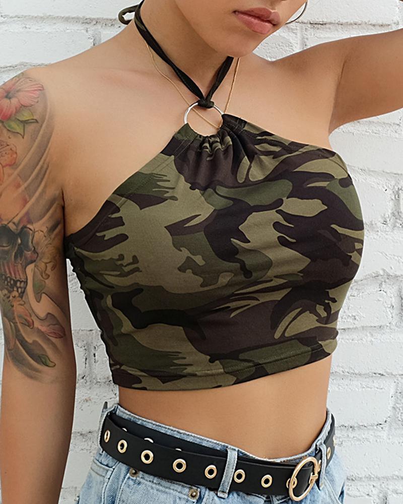 

Camouflage Print Halter Crop Women Top, Army green
