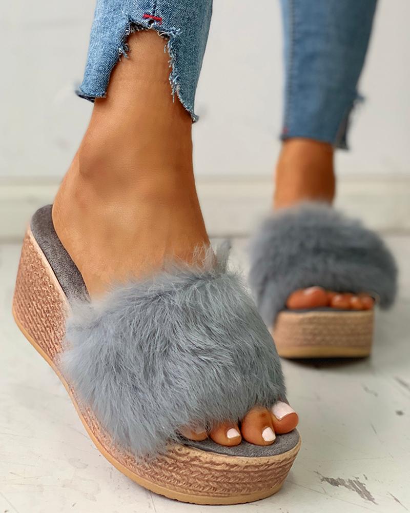 

Fluffy Platform Wedge Heeled Sandals, Gray