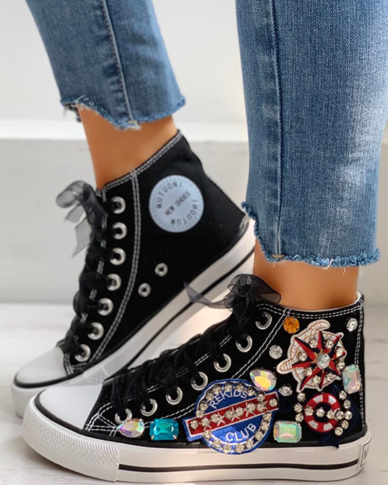 

Rhinestone Mesh Lace-Up Casual Sneakers, Black