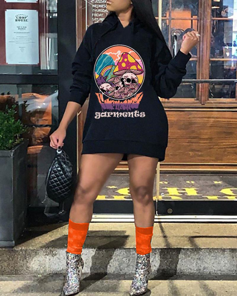 

Graphic Print Long Sleeve Hooded Sweatshirt Dress, Orange