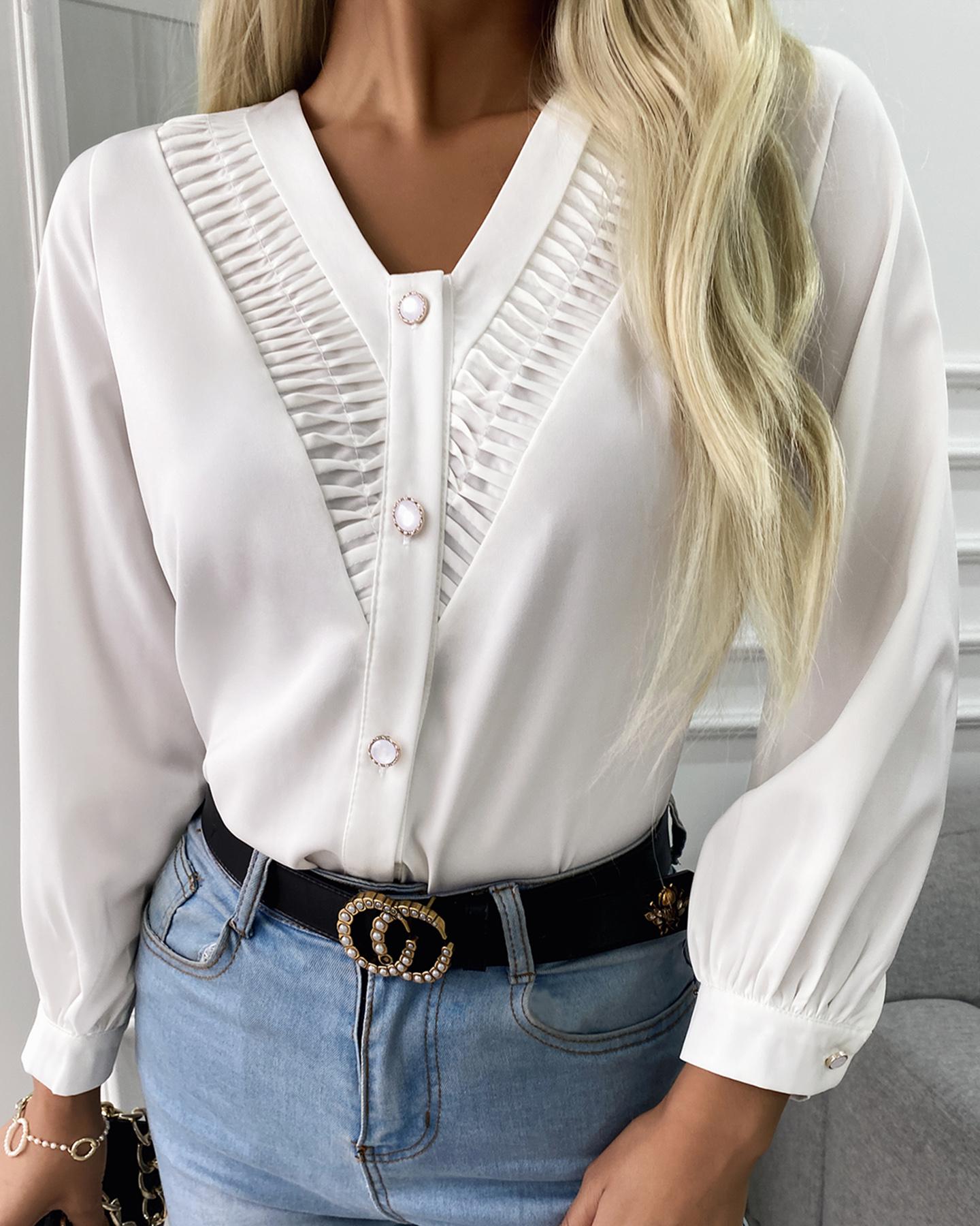 

Ruched Button Design Long Sleeve Shirt, White