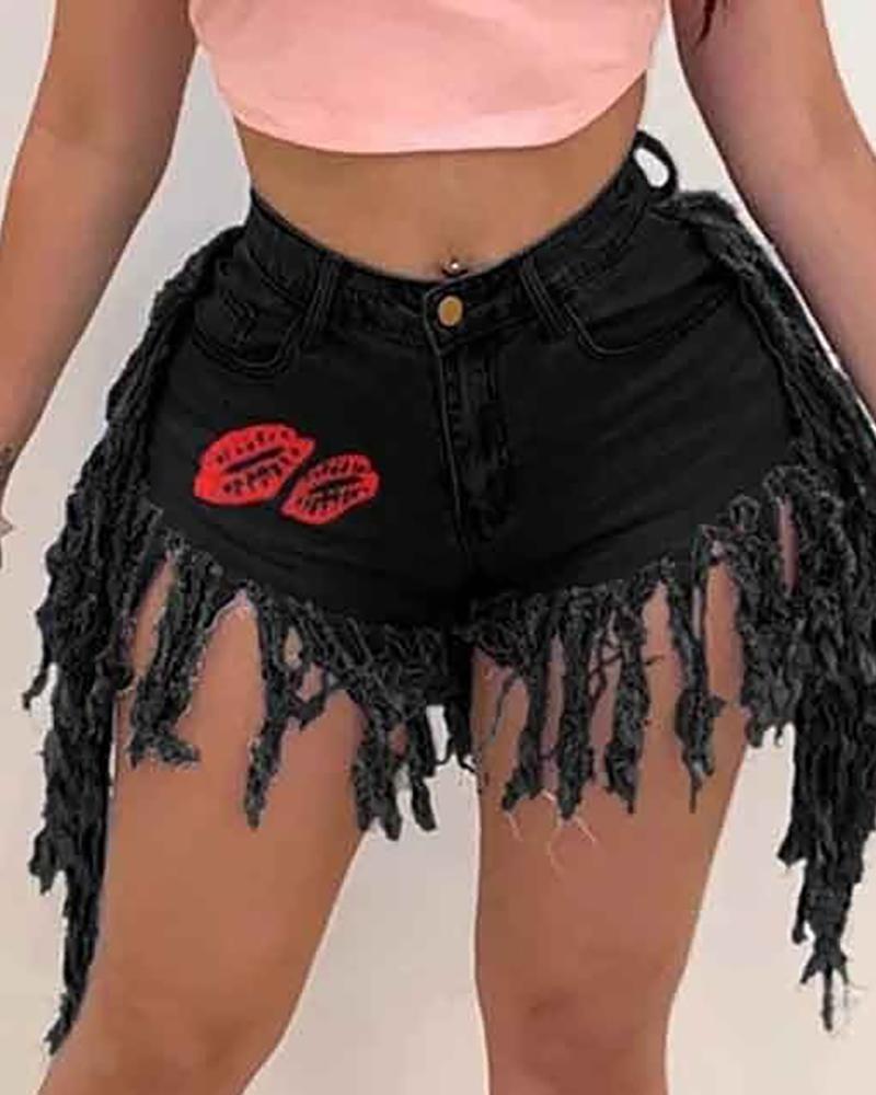 

Lip Print Fringe Hem Tassel Design Denim Jean Shorts, Black