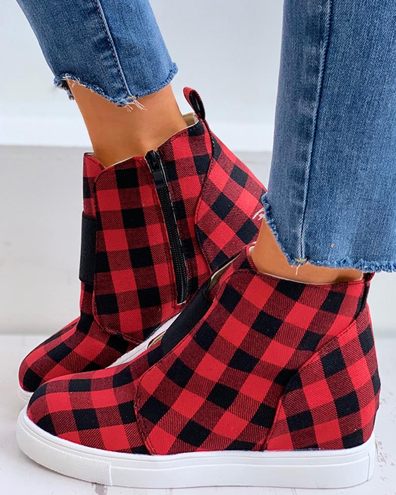 

Plaid Colorblock Zip Hidden Sneaker, Red