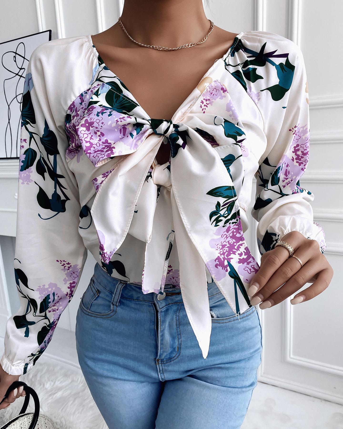 

Tie Neck All Over Print Chic Shirt, Multicolor