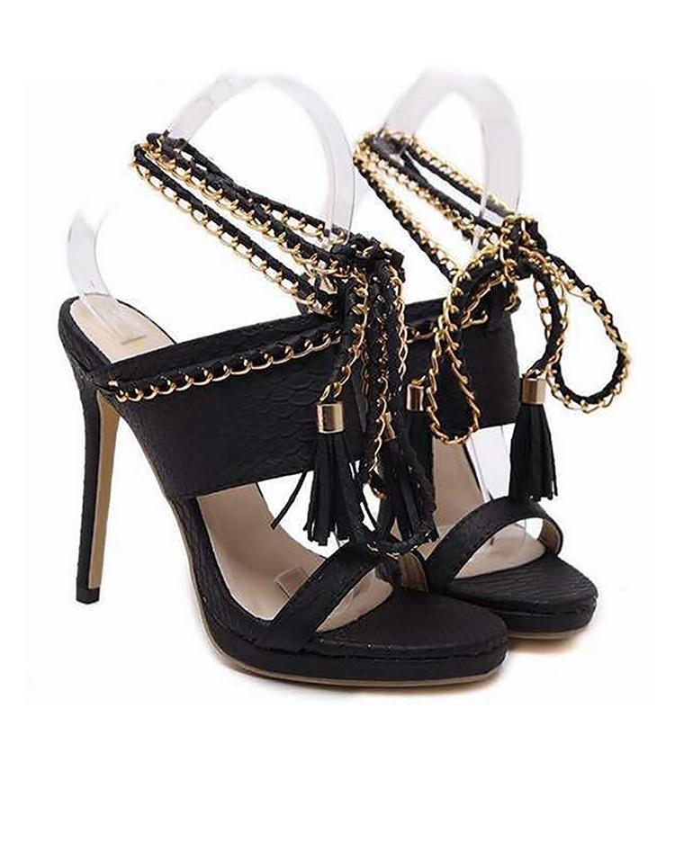 chain bandage double tassel stiletto sandals