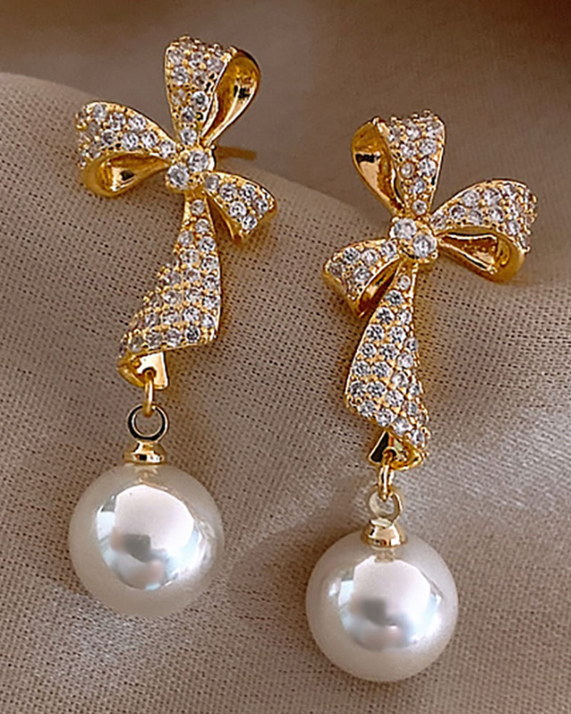 

Beaded Bowknot Pattern Studded Drop Earrings, Gold