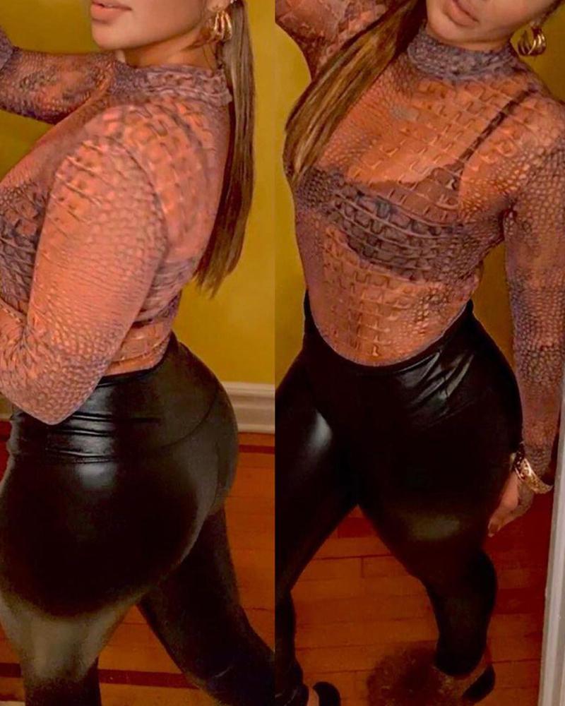 

Snakeskin Print Round Neck Long Sleeve Mesh Women Top, Brown