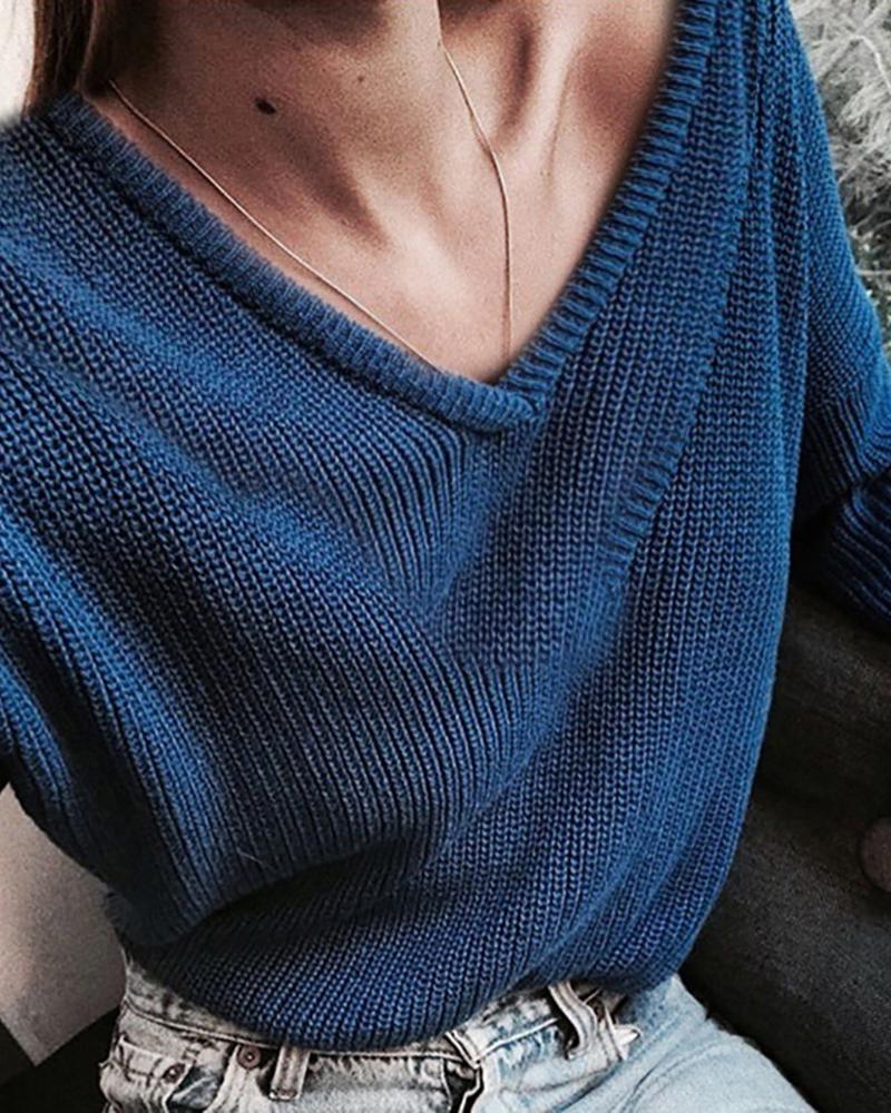 

Solid Plunge Long Sleeve Knit Sweater, Dark blue