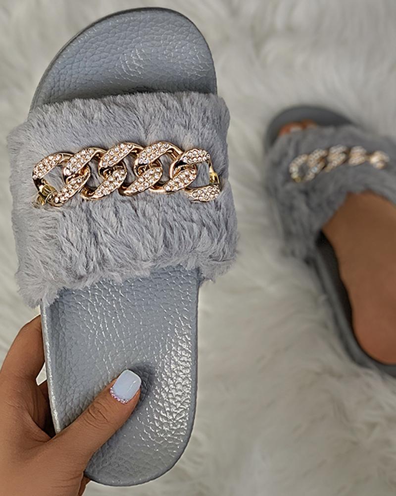 

Chain Strap Open Toe Sutdded Fluffy Slippers, Gray