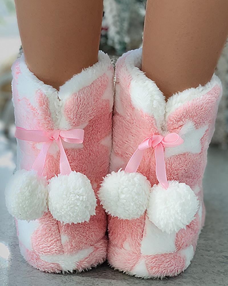 

Star Pattern Pom Pom Fluffy Indoor Boots, Pink