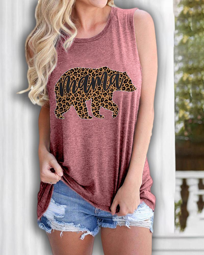 

Letter / Cheetah / Bear Print Casual Tank Top, Pink