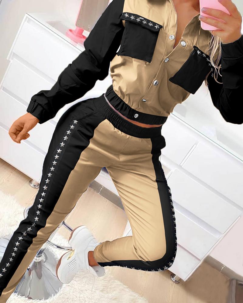 

Colorblock Star Rivet Pocket Design Top & High Waist Pants Set, Khaki