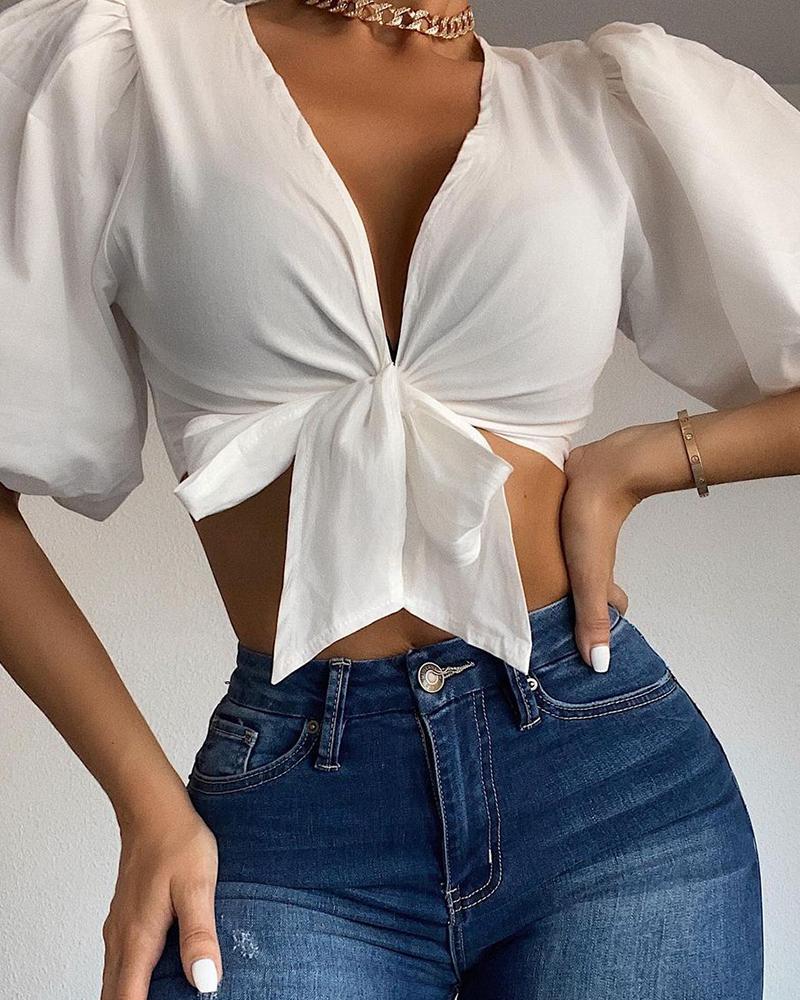 

Puffed Sleeve Plain Knotted Top, White