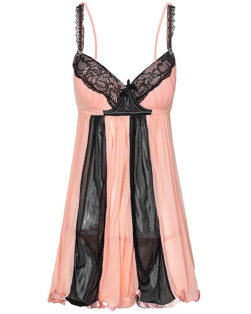 

Colorblock Spaghetti Strap Lace Trim Babydoll With Thong, Pink