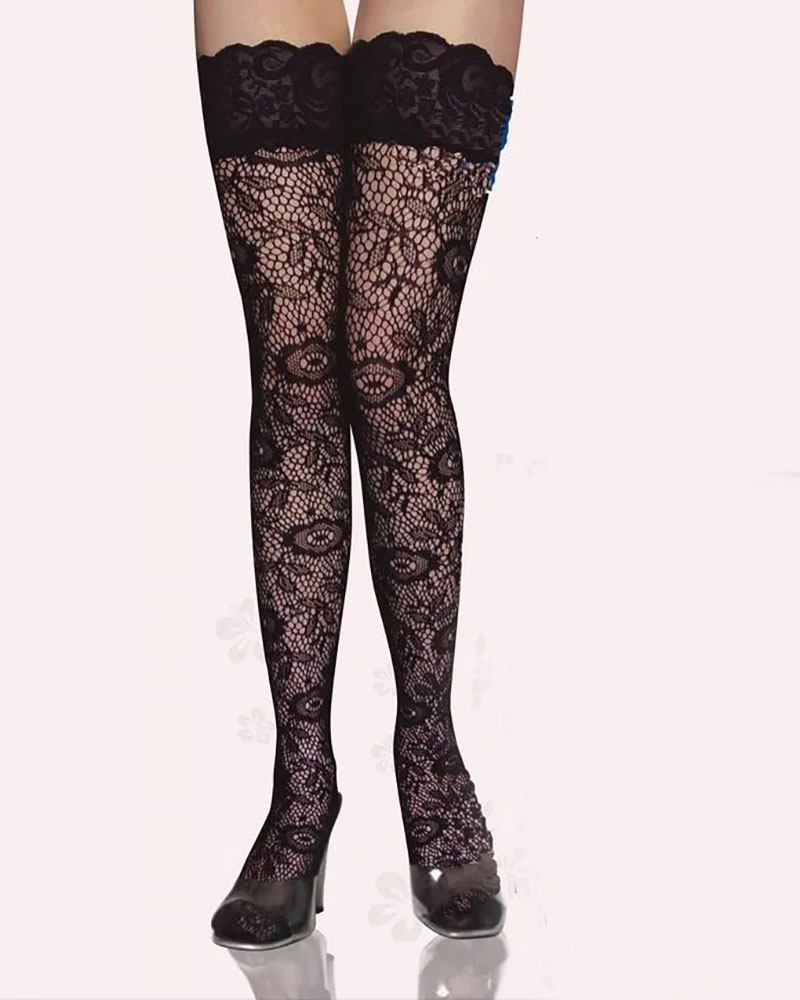 

Fishnet Mesh Floral Pattern Lace Sexy Stockings, Black