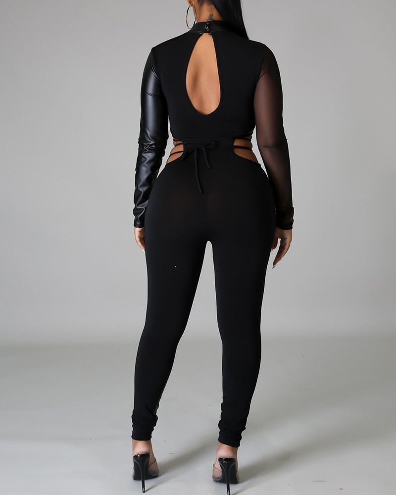 Sheer Mesh Cutout PU Leather Skinny Jumpsuit