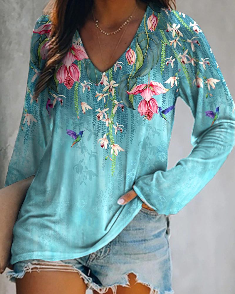 

Floral Bird Print V Neck Long Sleeve Top, Blue