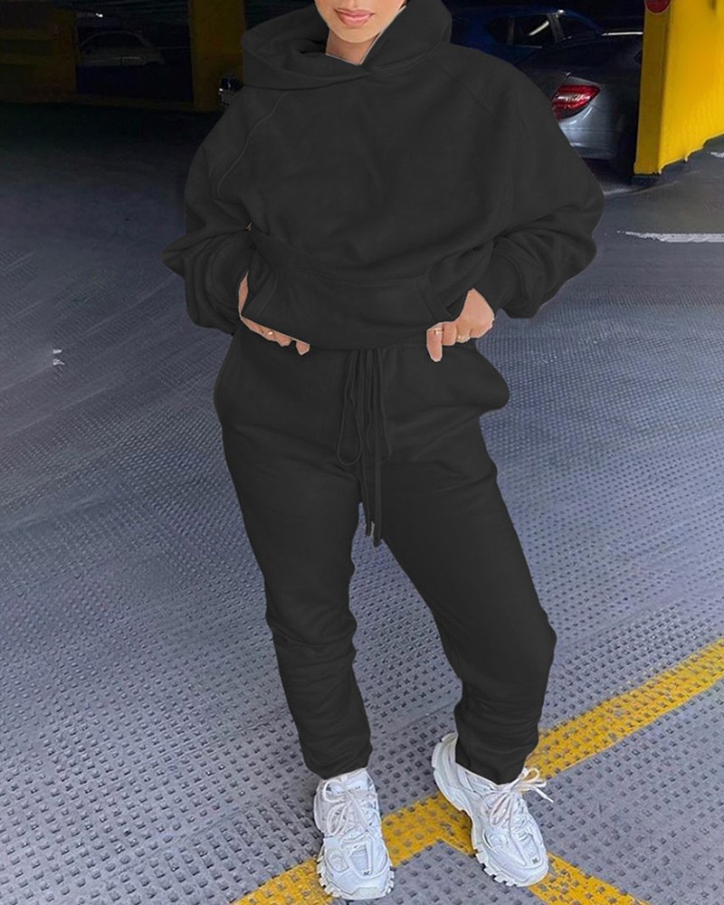 Pocket Design Hooded Top & Drawstring Pants Set