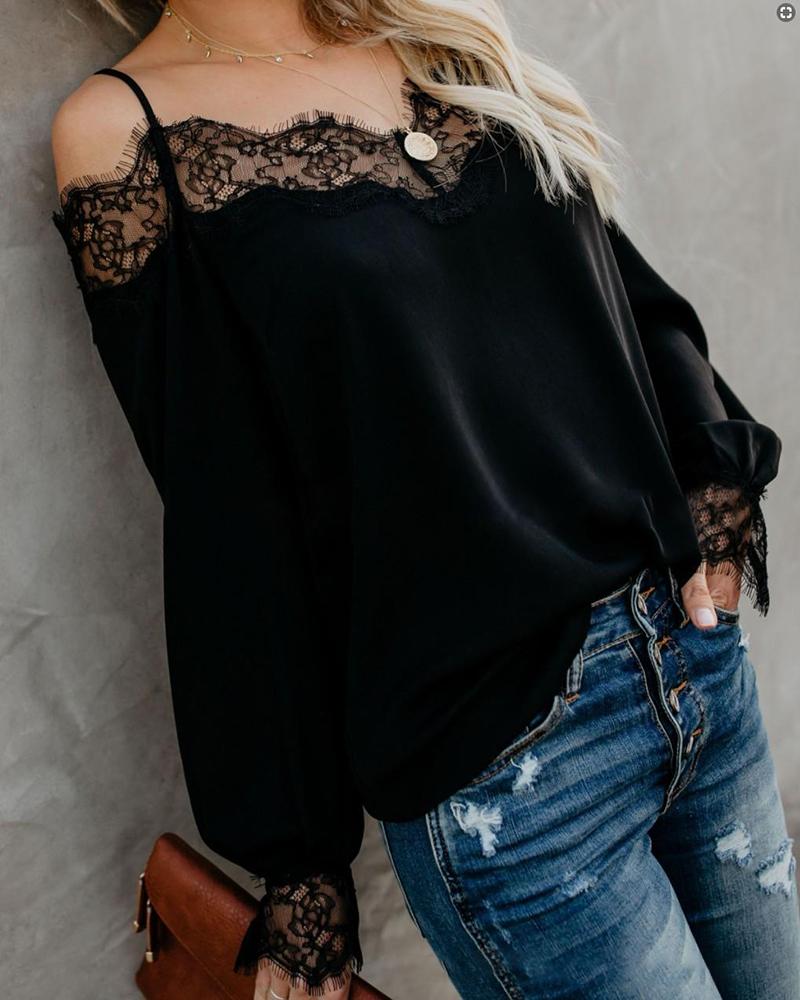 

Cold Shoulder Lace Splicing chiffon blouses, Black